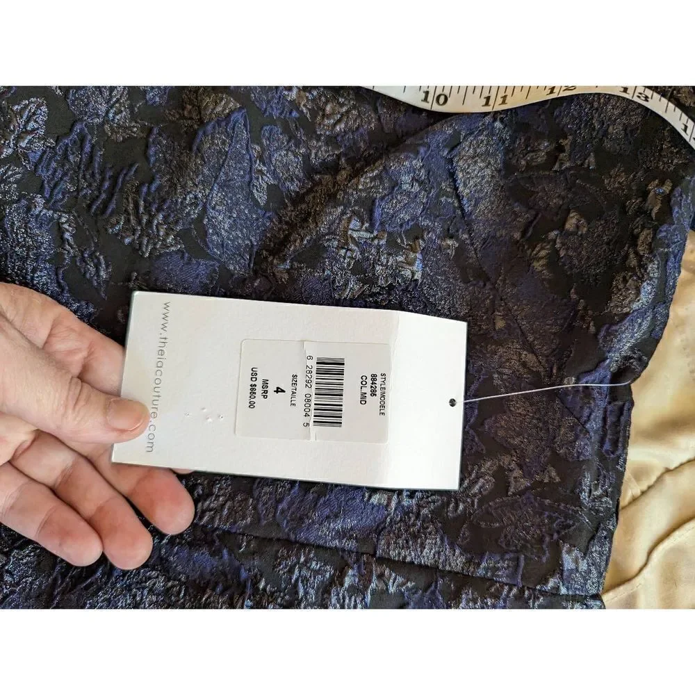 Theia ruffle sleeve cloque dress blue and gold knee length cocktail dress nwt sz - Picture 4 of 7